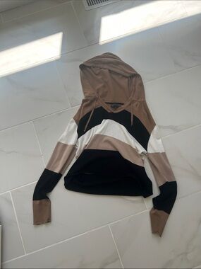 Striped Hooded Pullover Sweater in Black, Cream & Tan